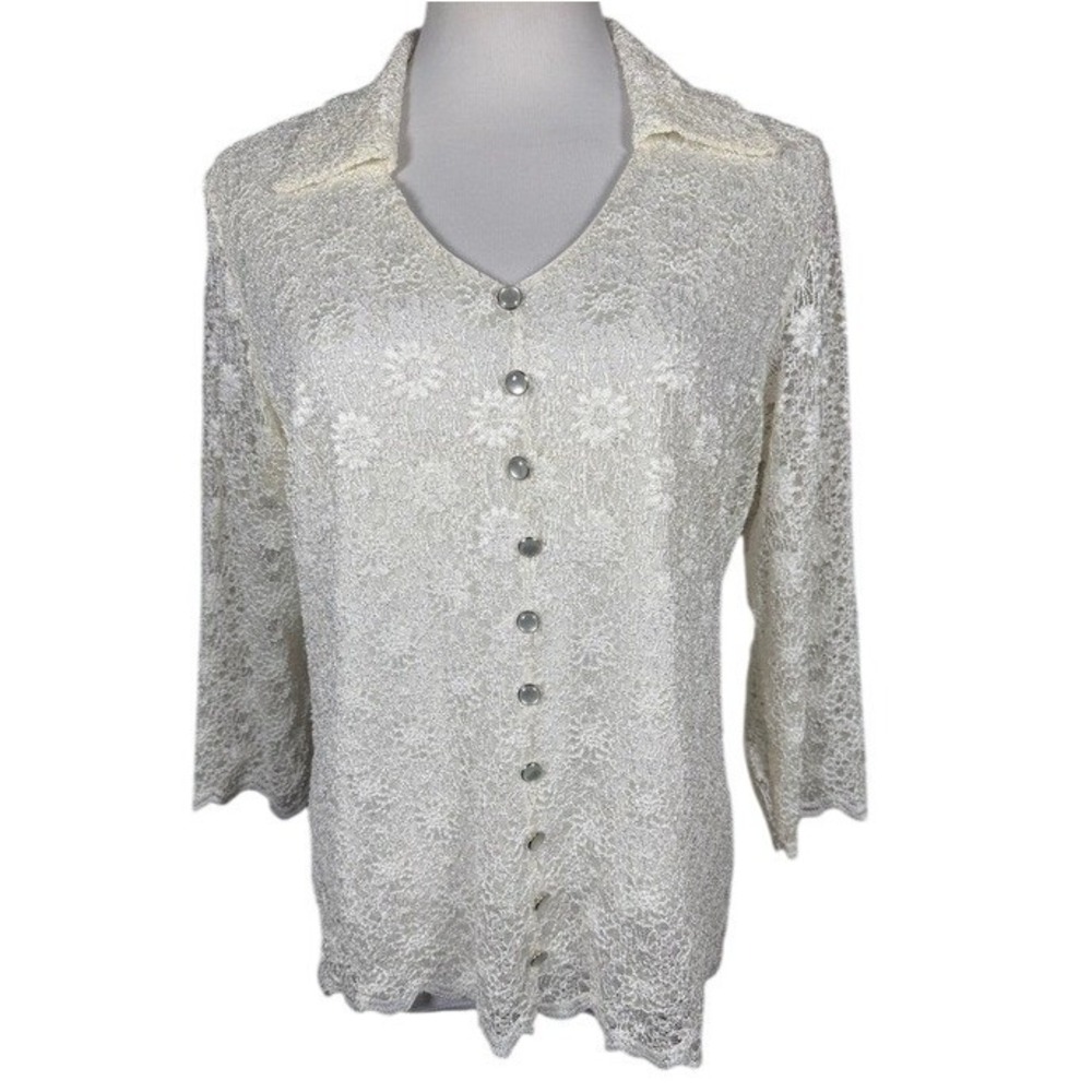 Dressbarn Woman Cream Floral‎ Lace Button Front Blouse 3/4 Sleeve Size 14/16